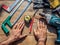 Carpenter`s working tools on a wooden table. profession, carpent