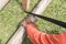 A carpenter saws a piece of bamboo on the grass with a handsaw