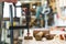 Carpenter studio interior. Brace - manual drill, mallet and other traditional woodworking tools in use. Blurred