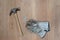 Carpenter tools: claw hamer, protective gloves