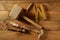 Carpenter tools saw hammer wood tape plane gouge