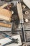 The carpenter tools on wooden bench, plane, chisel,mallet, hammer, tongs