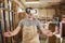 Carpenter with VR glasses visualizes furniture in carpentry