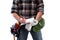 Carpenter with work tools on a white background. Carpentry