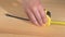 Carpenter worker using roulette on wooden plank