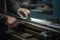 Carpenter working on a lathe, closeup of hands, An industrial workers hands close up of working in project, AI Generated