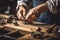 Carpenter working on wood, wood carving. Old man hands holding a tool closeup. Generative AI