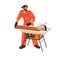 Carpenter works at circular saw table. Woodwork, carpentry with electric tool, equipment, professional machine for