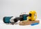 the carpenter workshop\\\'s workplace Drills, electric drill, tape measure, ruler with scale,
