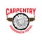 Carpentry. Emblem template with cutting wood and hand saw. Design element for logo, label, emblem, sign.