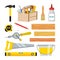 Carpentry And Woodwork Tools Set Vector. Repair And Building Accessories. Board, Hammer, Toolbox, Brush, Glue, Pencil