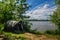 Carpfishing session at the Lake.Carp Angling scenic landscape overlooking lake at Dawn.Fishing adventures, carp fishing