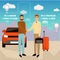 Carpooling concept vector illustration in cartoon style. Carpool and car sharing service poster. Two men shaking hands