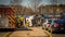 Carrboro NC, /US-March 10 2017:Fire truck and police cars with overturned logging truck