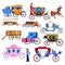 Carriage coach vector vintage transport with old wheels and antique transportation illustration set of coachman