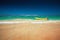 Carribean sea and boat on the shore, beautiful panoramic view