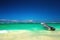 Carribean sea and boat on the shore, beautiful panoramic view