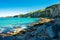 Carrick a Rede Rope Bridge in Ballintoy, Northern Ireland. Beautiful Landscape on Coast of Atlantic Ocean, Clear blue and green wa