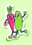 Carrot and cucumber. Retro cartoon vector illustration isolated on bright green background