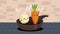 carrot and garlic in pan kawaii animation