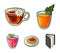 Carrot juice in a glass, chamomile tea in a cup, porridge on a plate, strawberry juice in a glass with a leaf
