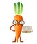 Carrot mascot. Cartoon carrot with glasses holds book. Learning concept. Vector illustration isolated on white background. Web sit