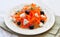 Carrot pasta salad with feta, olivs and dill