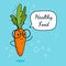 Carrot with speech bubble. Balloon sticker. Cool vegetable. Vector illustration. Carrot clever nerd character on a blue background