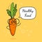 Carrot with speech bubble. Balloon sticker. Cool vegetable. Vector illustration. Carrot clever nerd character on a yellow backgrou