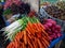 Carrot, white and red radish vegetables at Berastagi traditional fruit and vegetable market