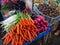 Carrot, white and red radish vegetables at Berastagi traditional fruit and vegetable market