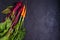 Carrots and beet - root vegetables on a black background. Summer farm vegetables. Food background, layout, room for text.