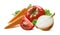 Carrots tomato yellow onion herbs on white background