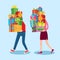 Carry gifts stack. Carrying christmas stacked presents in man and woman character hands. Heavy gift pile vector cartoon