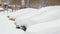 Cars completely covered with snow on parking.