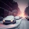 cars covered in snow in the city after snowstorm.