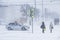 Cars at a crossroads. Snow storm in the city of Cheboksary, Chuvash Republic, Russia. 01/17/2016