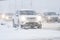 Cars at a crossroads. Snow storm in the city of Cheboksary, Chuvash Republic, Russia. 01/17/2016