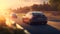 Cars drive along the highway in the evening at sunset. AI generation
