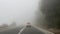 Cars drive along the highway in the mountains through thick fog