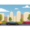 Cars Driving City Street Panorama Urban Road Flat Vector Illustration. City street exterior. American city with court