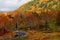 Cars driving on a mountain highway winding through colorful forests by the hillside