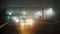 Cars driving at night highway on foggy road, road traffic during mysterious fog