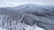 Cars driving through the snowy forest. Panoramic winter drone view of the mountains in the forest.