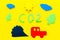 Cars emitting carbon dioxide. Pollution concept. harm the environment. Car and smoke cutout on yellow background top