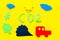 Cars emitting carbon dioxide. Pollution concept. harm the environment. Car and smoke cutout on yellow background top