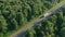 Cars follow a semi-truck with a trailer. View of the track on a sunny day. Dense forest on both sides of the highway