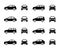 Cars front and side view signs. Vehicle black silhouette vector icons isolated on white background