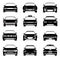 Cars in front view black vector icons