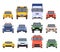 Cars front view. Flat urban vehicles taxi, police, delivery service, school bus, van, truck and sport vehicle. Cartoon car model
